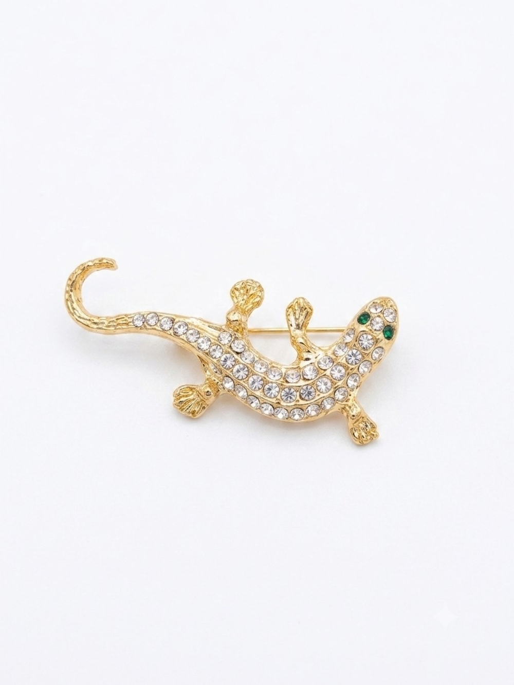 Gold-tone Crystal Lizard Brooch with Green Eyes